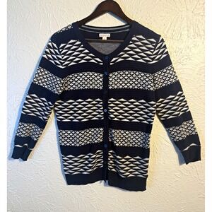 Merona Women's Small Navy Cream Geometric Knit Button Front Cardigan Sweater